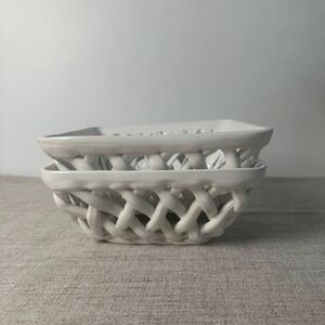 Tabletops Gallery White Ceramic Woven Serving Baskets Set of 2 Square